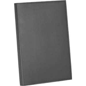 A refillable journal with a sleek black apple leather cover, featuring a branded logo on the front.