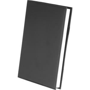 A black leather refillable journal with a sleek design, featuring a logo on the cover.