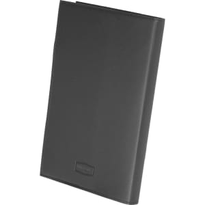 A black leather refillable journal with a smooth finish and a subtle logo on the cover.