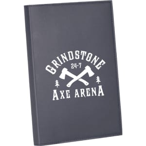 A navy leather journal featuring a logo with crossed axes and the text "Grindstone Axe Arena".