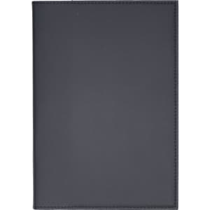 A dark grey leather refillable journal with a smooth finish and a subtle branding logo.