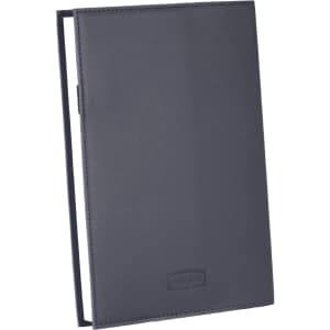 A Mela Apple Leather Refillable Journal in a sleek grey finish, featuring a minimalist design and a branding logo.