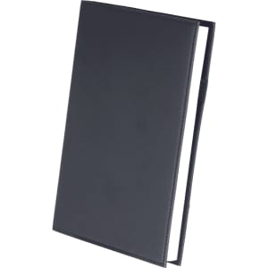 A refillable journal with a sleek black leather cover and a minimalistic design. It includes an interior spine for holding pages.