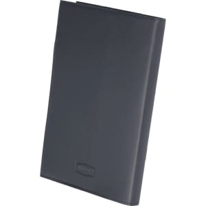 A black leather refillable journal with a smooth finish and a branding logo at the bottom.