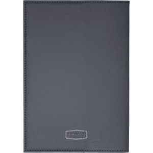 A refillable journal with a sleek grey leather cover and a subtle logo at the bottom.