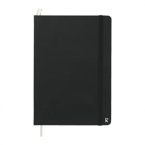 A black hardcover notebook made from stone paper, featuring an elastic band and a ribbon bookmark.