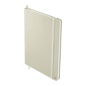 A minimalist A5 hardcover notebook in light grey, featuring an elastic band and a logo on the cover.