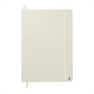 A hardcover notebook in a light cream colour with an elastic band and a logo.