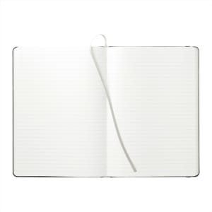 A hardcover notebook with stone paper, featuring blank lined pages and a ribbon marker. The cover is black.