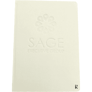 A hardcover notebook in cream colour with an embossed logo on the front cover.
