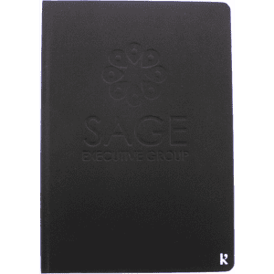 A black hardcover notebook featuring a textured design and a logo on the front.