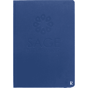 A navy hardcover notebook with a logo on the front, featuring a textured surface.