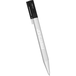 A silver ballpoint pen with a black clip and a branding logo. The pen features a sleek, modern design.