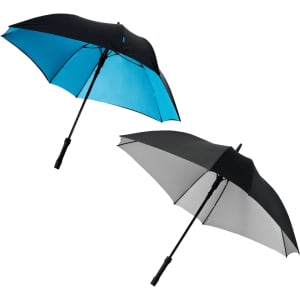 Two square automatic umbrellas, one with a black exterior and turquoise interior, and one with a black exterior and grey interior.