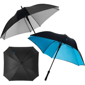 A square automatic umbrella featuring a black exterior and a vibrant blue interior, with a handle and a logo.
