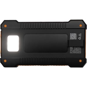 A black and orange solar power bank featuring a rugged design and a branding logo.