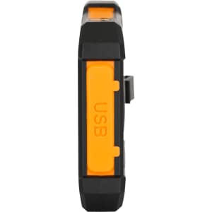 A solar power bank in black with an orange USB port cover. Features a rugged design for outdoor use.