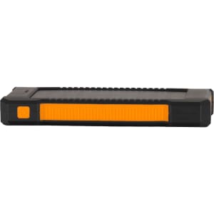 A black and orange solar power bank with a rugged design, featuring a logo on its side.