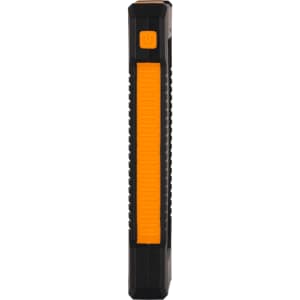 A solar power bank in black and orange, featuring a textured grip and a power button.