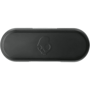 A black charging case for earbuds featuring a logo on the lid.