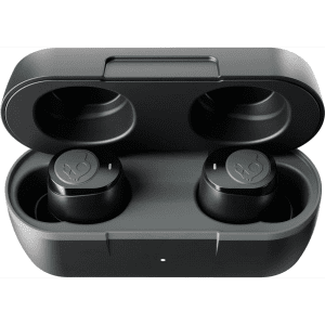 A pair of black earbuds inside a compact charging case, with a sleek design and branding.