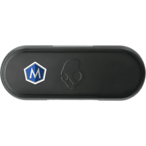 A black charging case for Skullcandy Jib True 2 earbuds featuring a logo.
