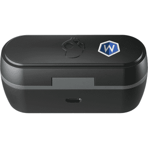 A black charging case for Skullcandy Jib True 2 earbuds, featuring a logo on the front and a USB-C port.