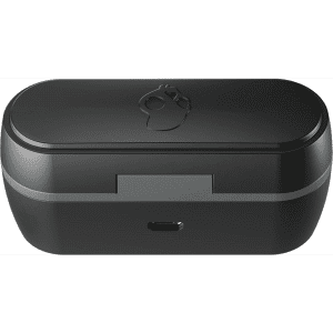 A black charging case for Skullcandy Jib True 2 earbuds featuring a logo. It includes a USB-C port.