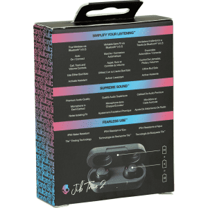 A box of Skullcandy Jib True 2 earbuds, featuring a sleek design in black and vibrant accents, with a logo.