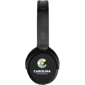A pair of black wireless headphones featuring a logo on the earcup and a smooth headband design.
