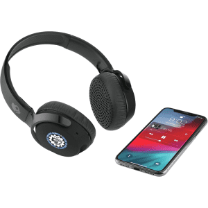 Black Skullcandy Riff Wireless headphones alongside a smartphone displaying a music app. The headphones feature a logo.
