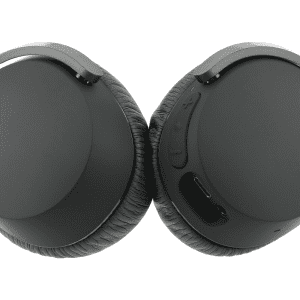 A pair of black Skullcandy Riff Wireless headphones with textured ear cushions and control buttons.