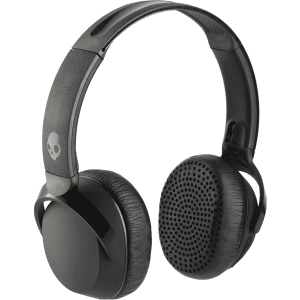 A pair of black Skullcandy Riff Wireless headphones with a sleek design and a branding logo visible.