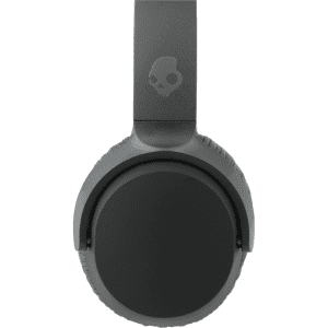 A pair of black wireless headphones with a circular earcup design and a logo on the headband.
