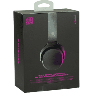 Wireless headphones in a black and pink packaging, featuring a logo and a sleek design.