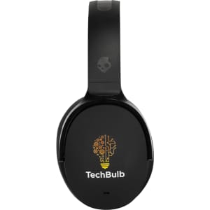 A pair of black Skullcandy Hesh ANC Wireless headphones with a design featuring a logo and a creative lightbulb illustration.