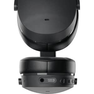 A pair of black wireless headphones with a sleek design, featuring a USB-C port and control buttons.