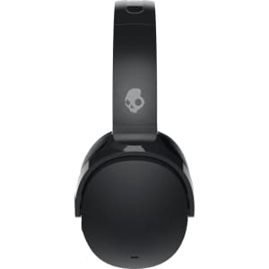 A pair of black wireless headphones with a logo, featuring a sleek design and cushioned ear cups.