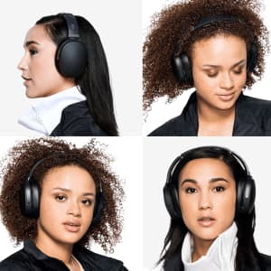 A black wireless headphone displayed from multiple angles, featuring a sleek design and comfortable ear cups.