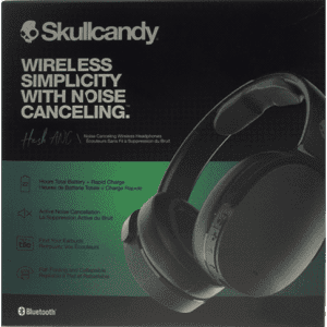 Black wireless headphones with noise cancelling, featuring a logo and packaging design for the Skullcandy Hesh ANC model.