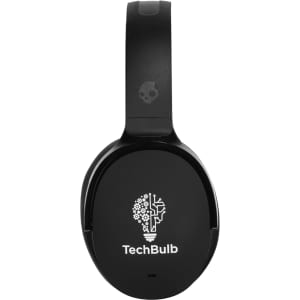 A pair of black wireless headphones featuring a logo and a sleek design.