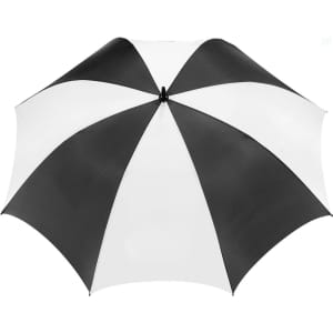 A golf umbrella featuring a black and white striped canopy design. It includes a logo on one side.