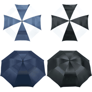 A vented golf umbrella featuring a black and white colour scheme, along with navy blue options. Includes branding.