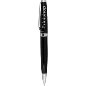 A black pen with a silver clip, featuring a branding logo on the barrel.