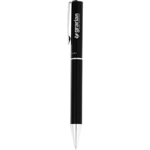 A sleek black metal ballpoint pen with a silver clip and branding on the barrel.