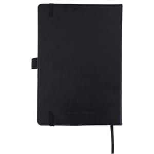 A black A5 journal with a textured cover, featuring a logo and a ribbon bookmark.