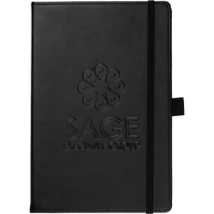 A black A5 journal with a textured cover, featuring an embossed logo and an elastic closure.