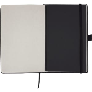 An A5 journal with a black cover, featuring blank pages and a black elastic closure.