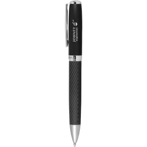 A black metal ballpoint pen with a textured grip and a silver clip, featuring a logo.