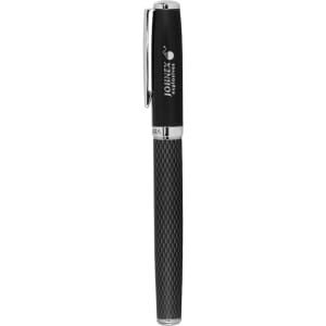 A black ballpoint pen with a textured grip and a chrome accent, featuring a logo on the barrel.